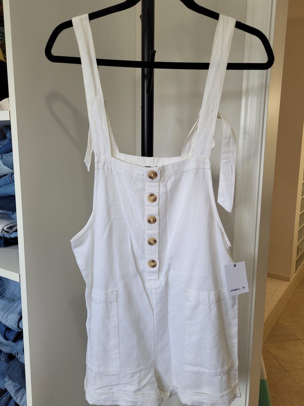 O'Neill White Button-Front Linen Romper With Adjustable Tie Straps